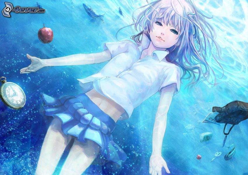 anime flicka, simmande under vatten