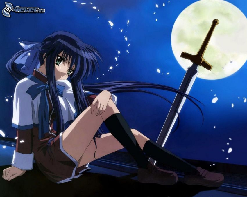 anime flicka, svärd, måne