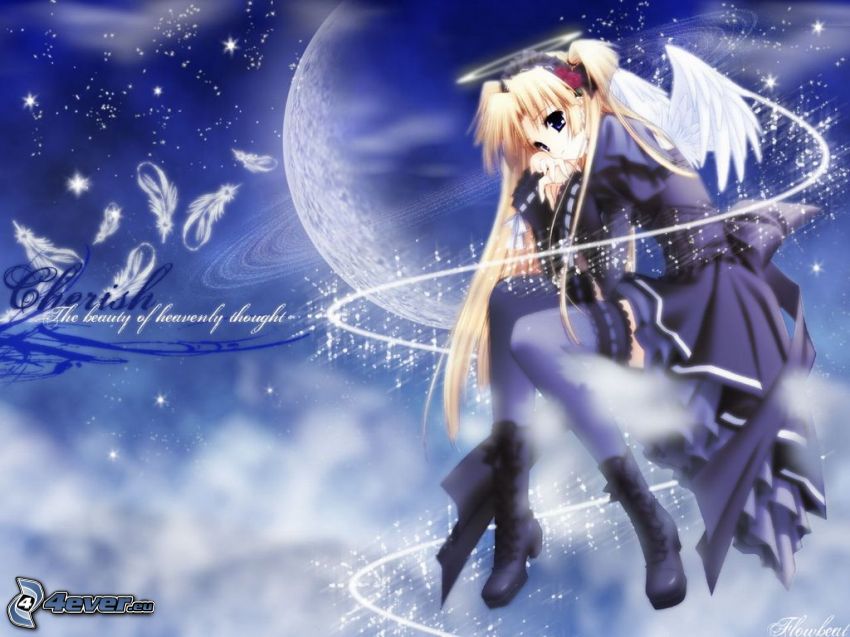 anime flicka, tecknad ängel, natt, måne