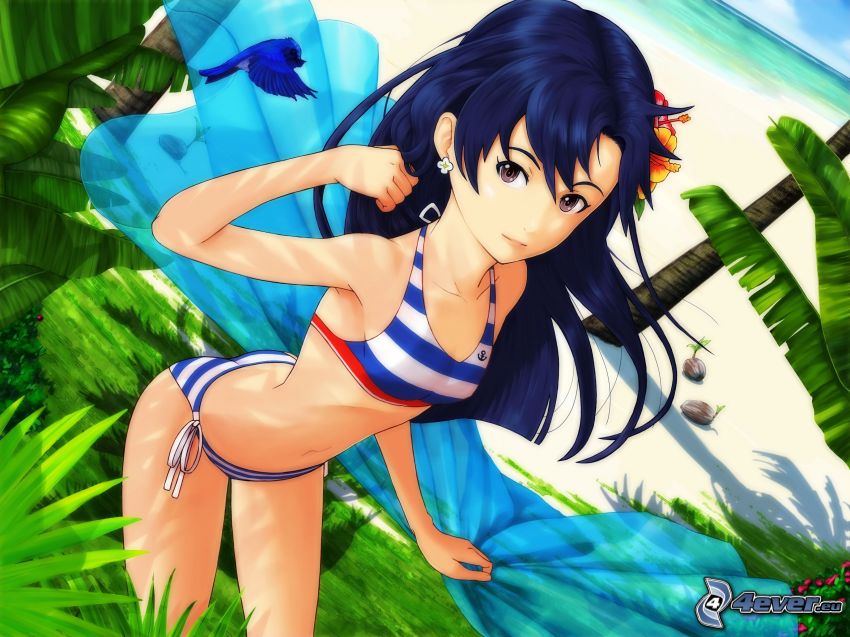 anime flicka, tjej i bikini, sandstrand, öppet hav