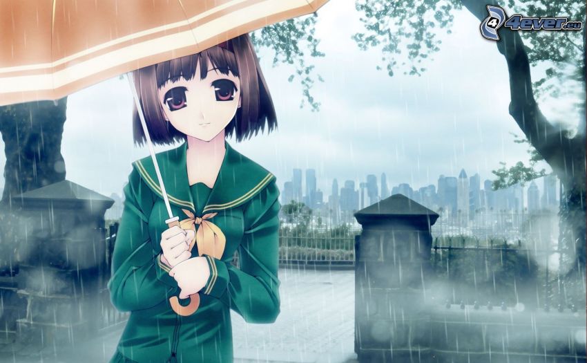 anime flicka, tjej i regn