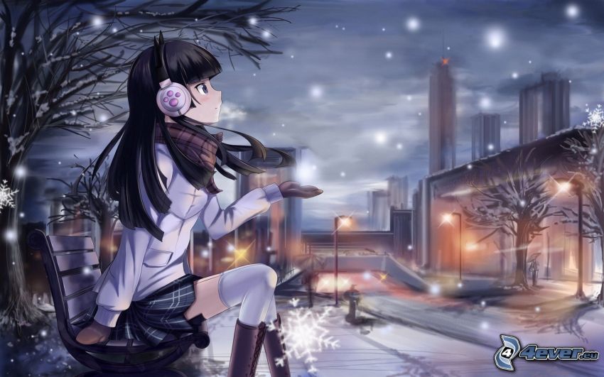 anime flicka, tjej med hörlurar, snö