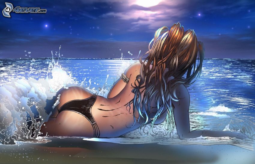 anime flicka, tjej på strand, hav, natt, topless