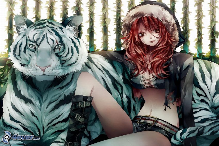 anime flicka, vit tiger