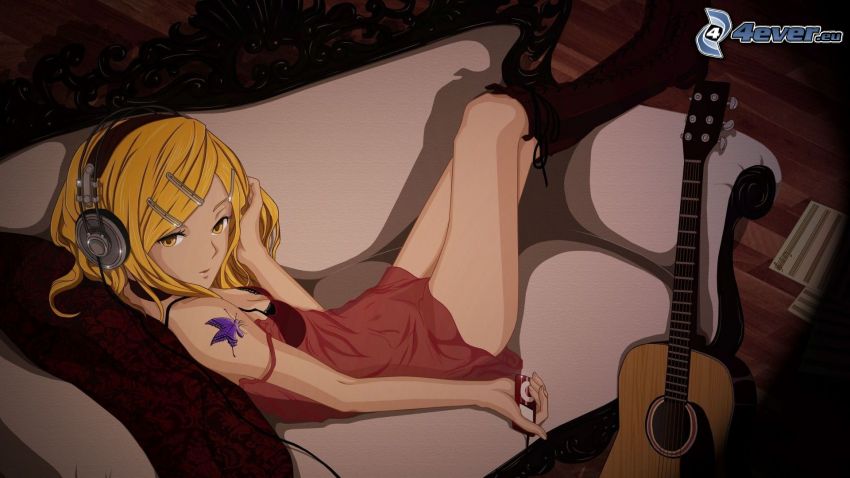 blondin, gitarr, anime flicka, tjej med hörlurar