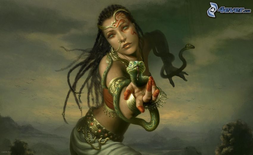 fantasy kvinna, grön orm
