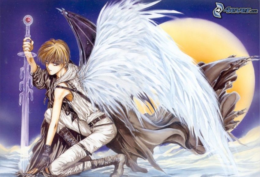 tecknad ängel, anime, vita vingar