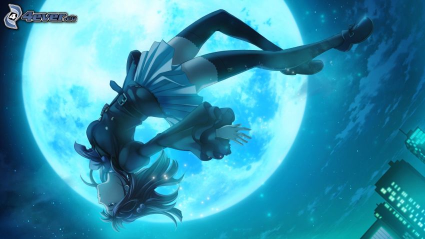 Ushiromiya Ange, anime flicka, fullmåne, stad