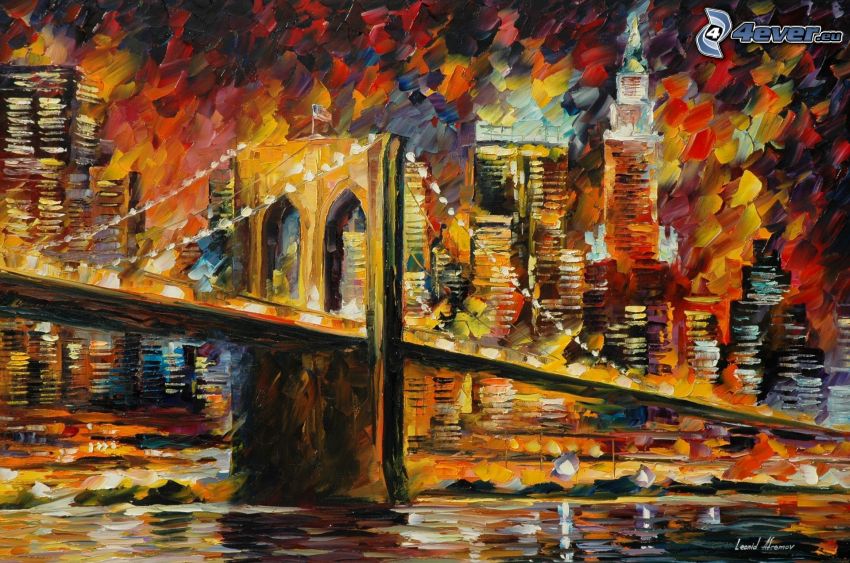Brooklyn Bridge, stad, oljemålning, bild