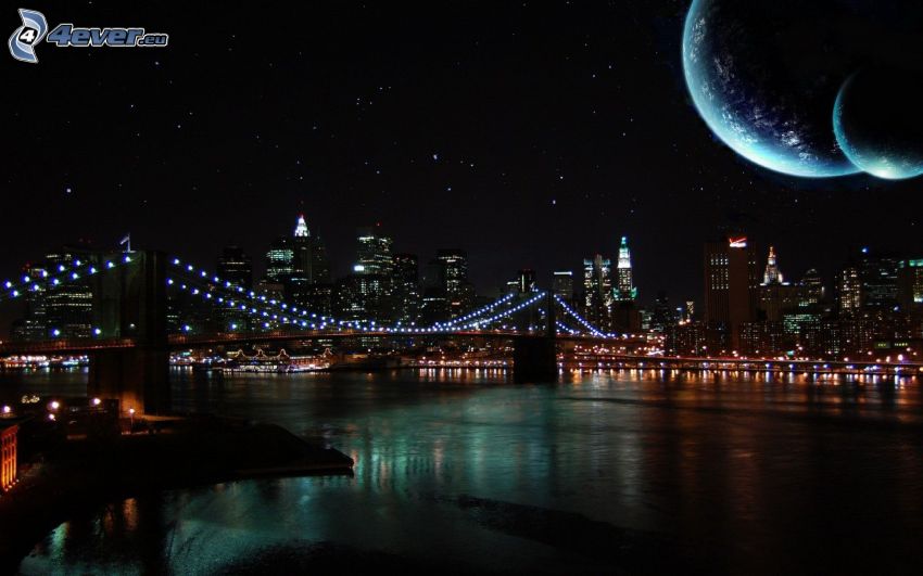 Brooklyn Bridge, bro, natt, planeter