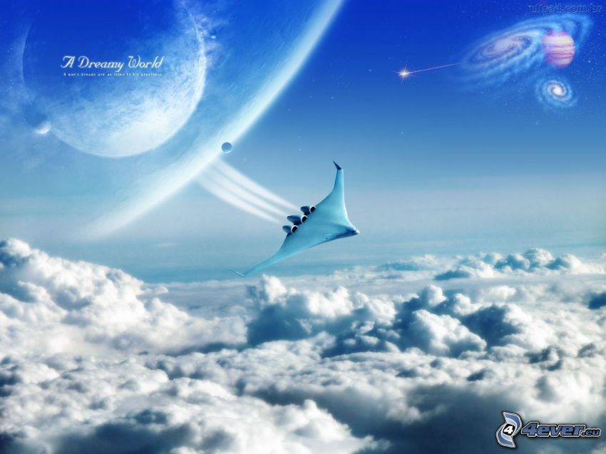 flygplan, ovanför molnen, planeter, science fiction