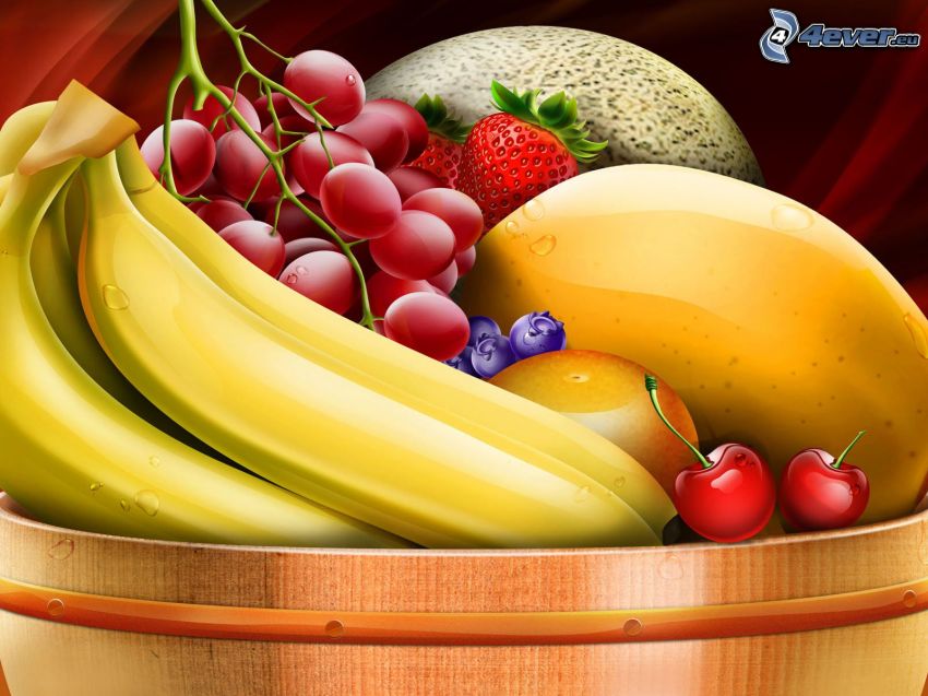 frukt, bananer, vindruvor, mango, körsbär, jordgubbar, apelsin