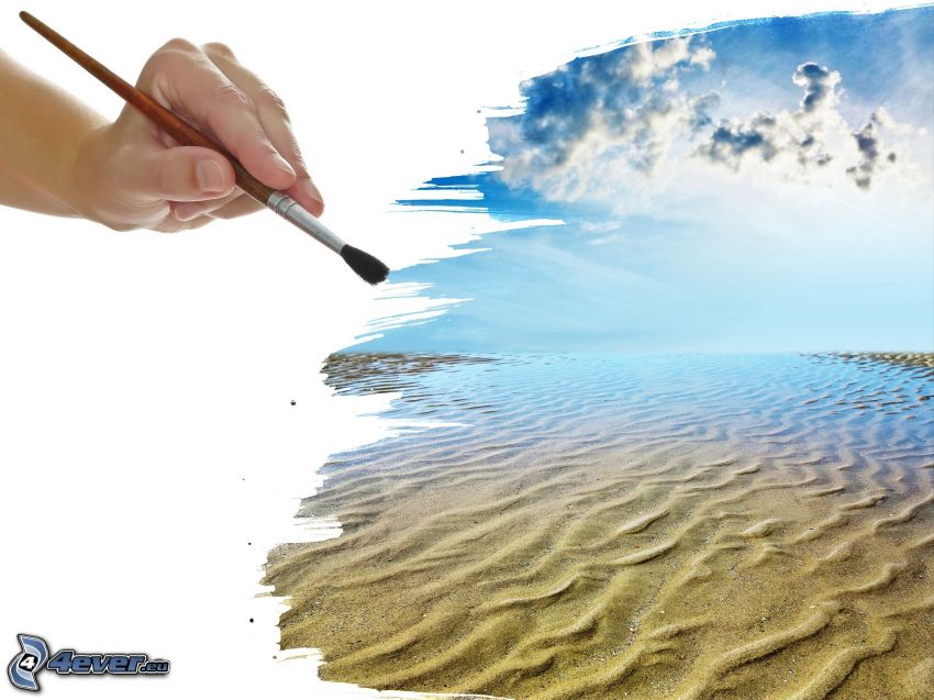 målning, sandstrand, hav, hand, pensel