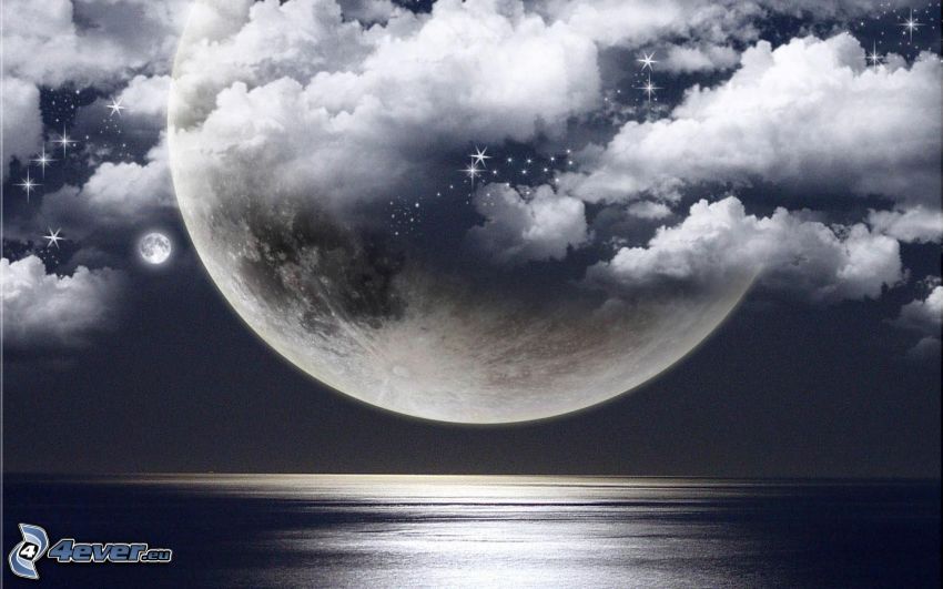 måne, moln, hav