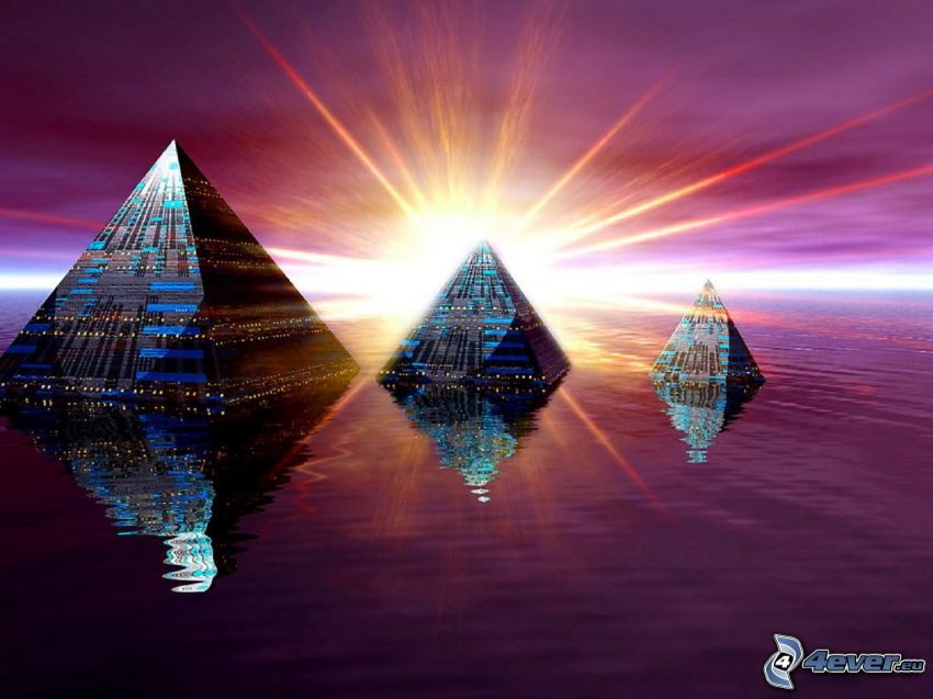 pyramider på vatten, sol, hav