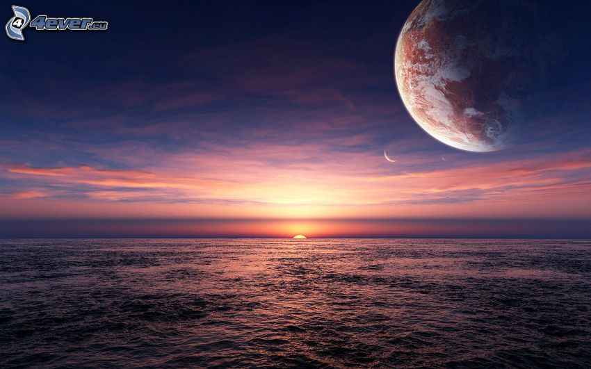 solnedgång vid havet, planeten Jorden