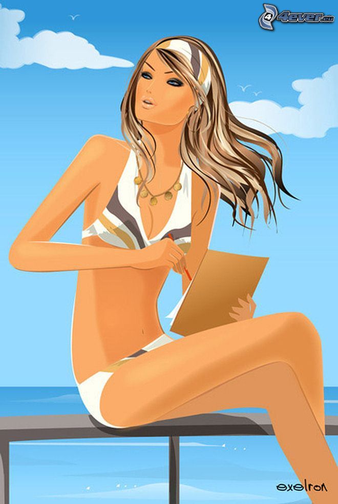 tecknad kvinna, hav, sommar, baddräkt