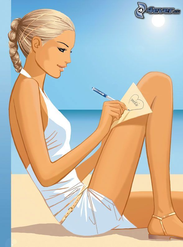 tecknad kvinna, strand, sol, hav
