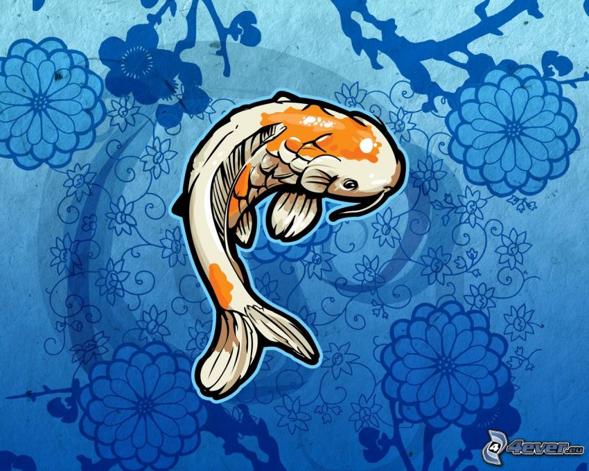 fisk, tecknade blommor