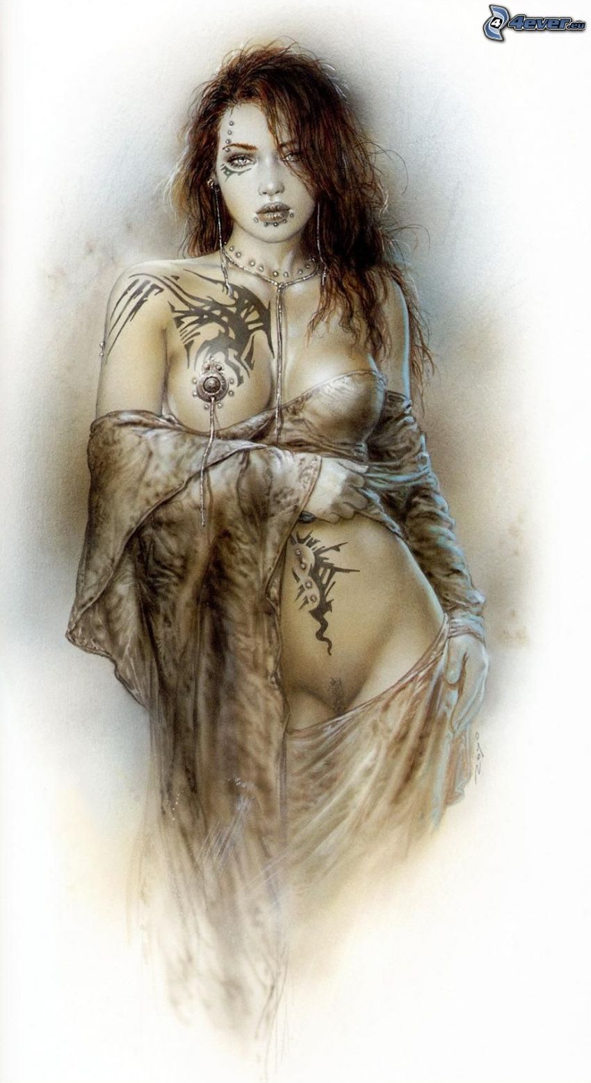 halvnaken kvinna, tatuering, tecknad kvinna, mantel, Luis Royo