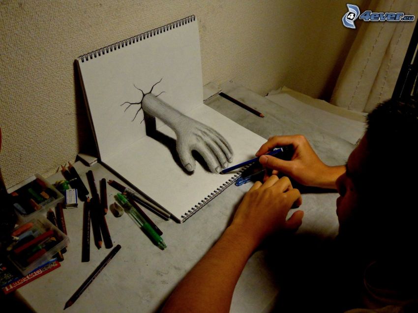 hand, teckning, pennor