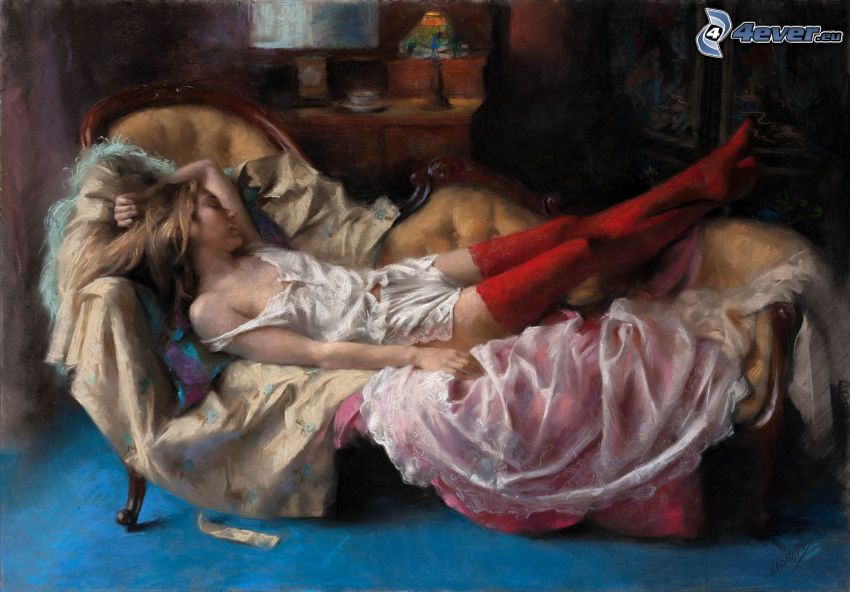 kvinna på soffa, sömn, strumphållare, målning