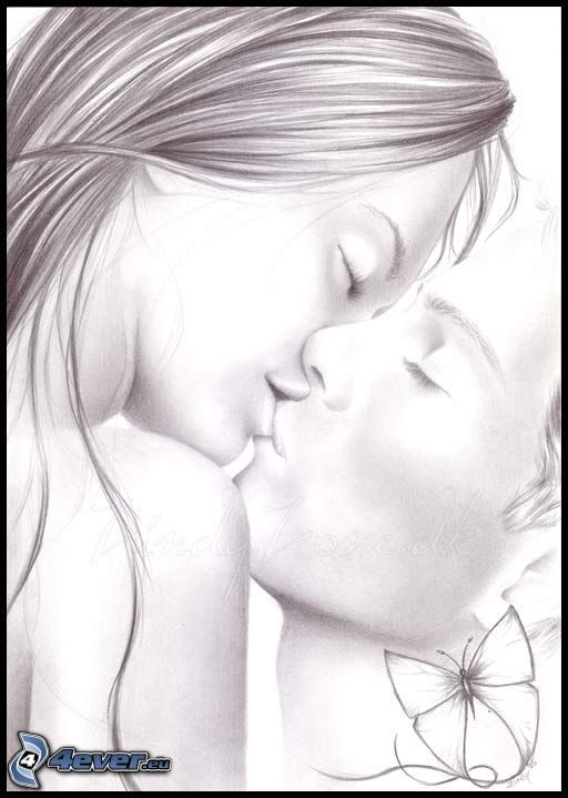 kyss, tecknat par, kärlek, teckning
