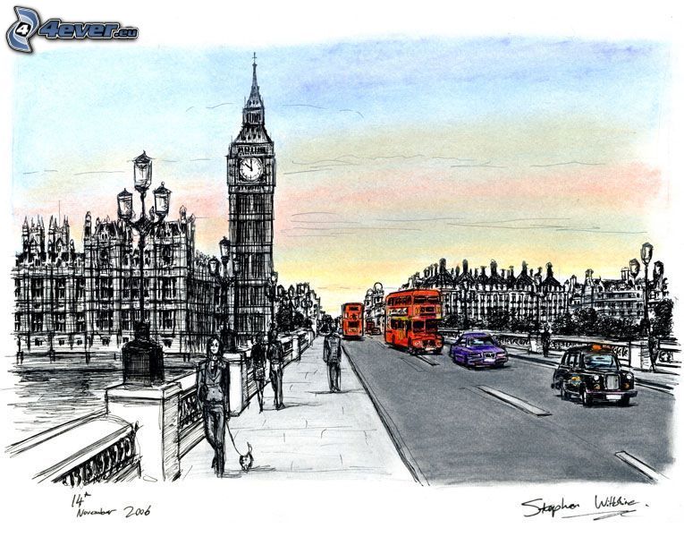 London, Big Ben, bro, Londonbuss, bilar, människor, England