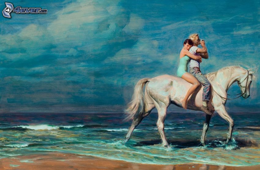 par, vit häst, hav, målning