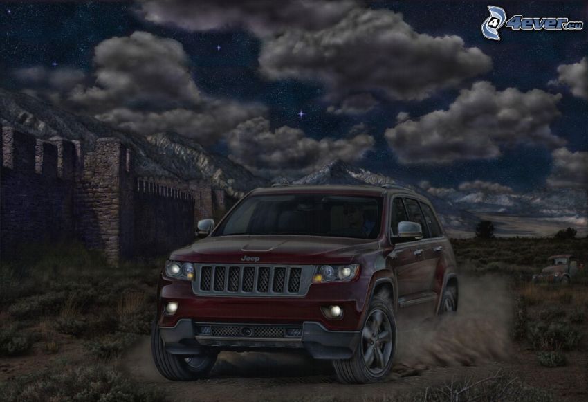 Jeep, vallar, natt, moln, tecknad bil