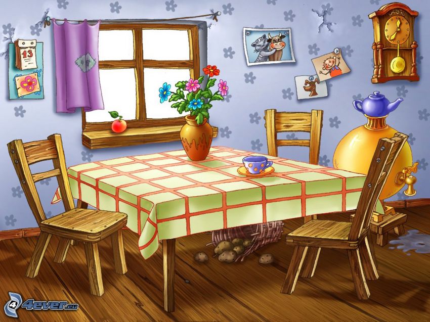 kök, bord, stolar, blommor i vas, kopp, fönster, rött äpple, klocka
