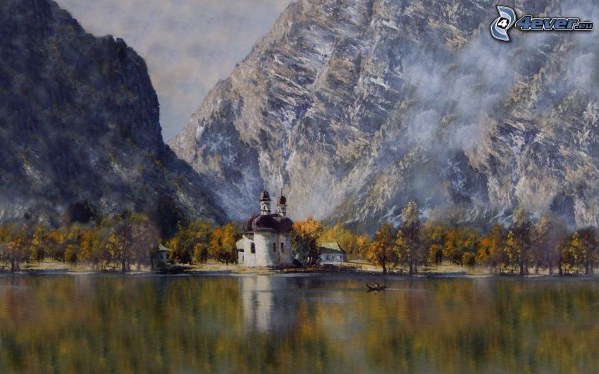 Kyrka vid sjö, berg, målning, bild