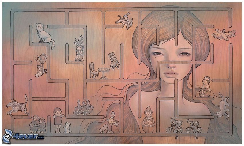 labyrint, tecknad kvinna