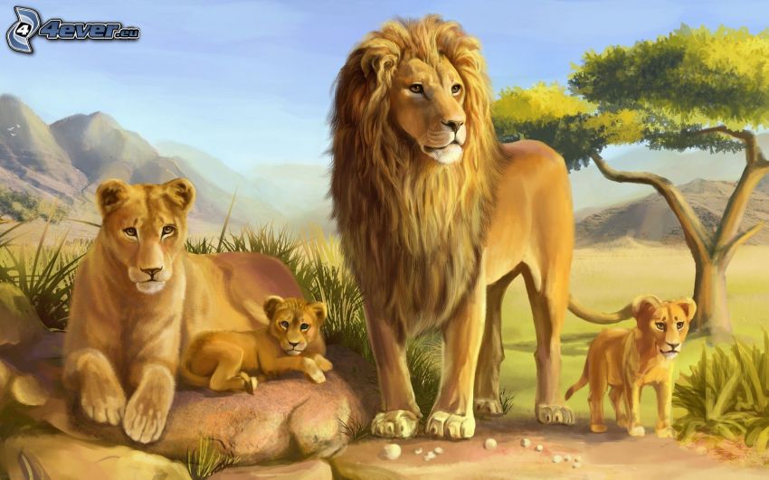 lejonfamilj, målning