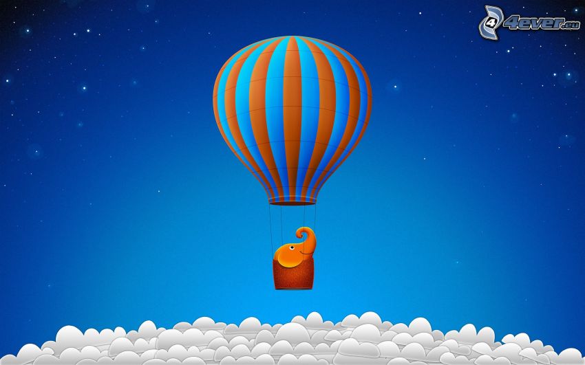 luftballong, elefant, ovanför molnen