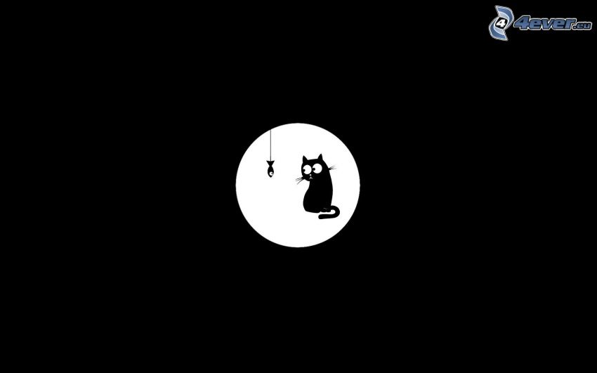 måne, tecknad katt, fisk