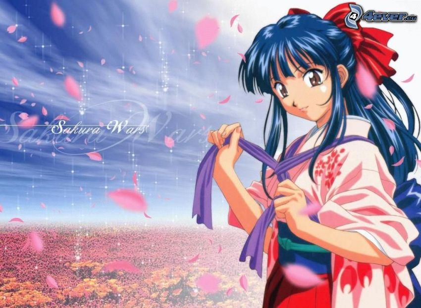 Manga flicka, Sakura, kronblad, blått hår