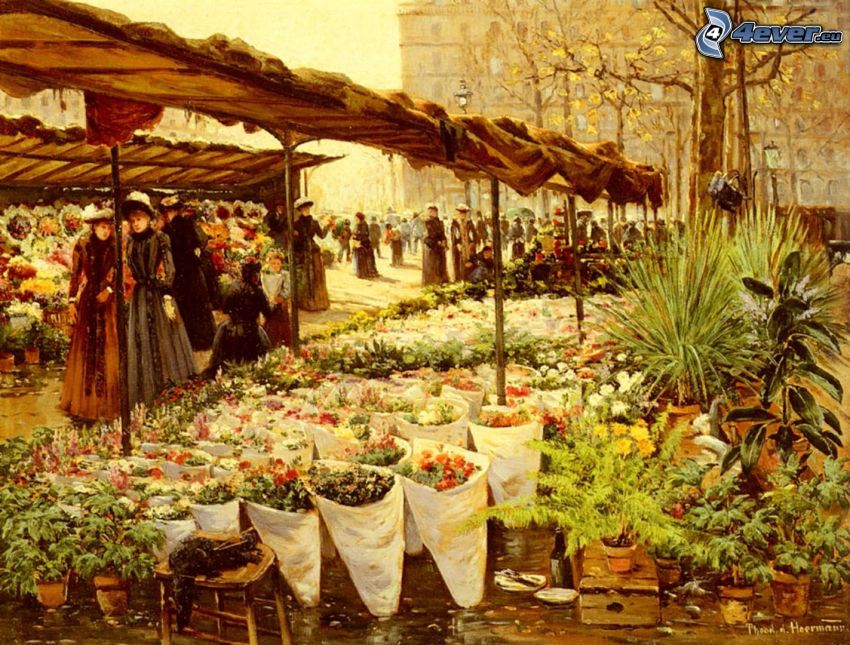 marknadsplats, blommor, människor