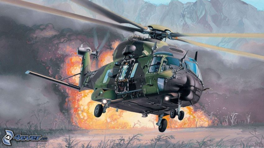 militär helikopter, explosion