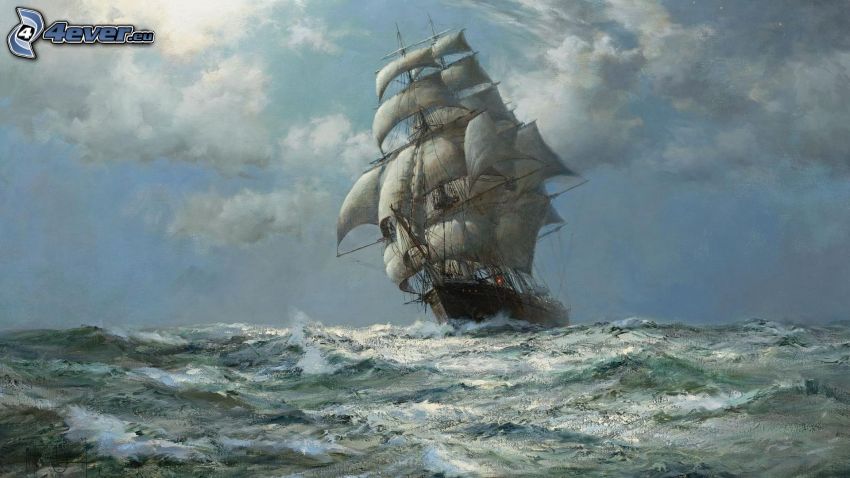 segelbåt, stormigt hav, bild, målning