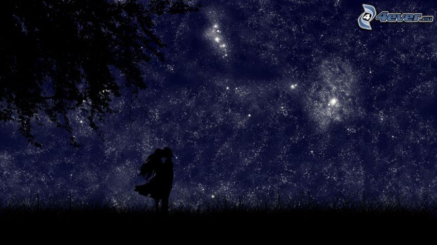 silhuett av ett par, natthimmel, stjärnhimmel