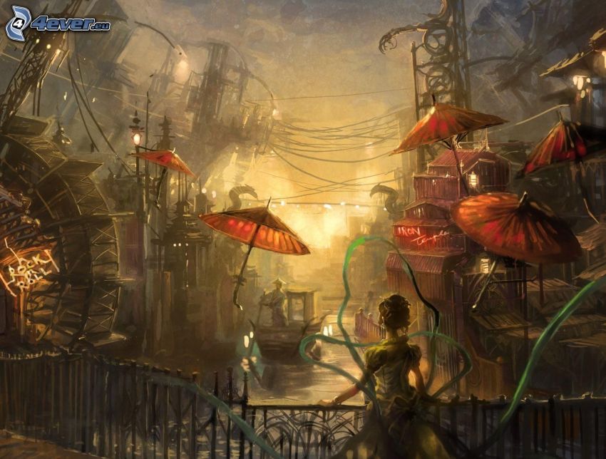 tecknad kvinna, science fiction-stad, paraplyer