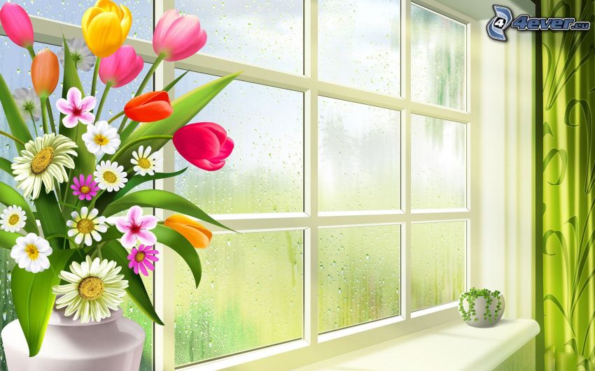 tecknade blommor, tulpaner, fönster