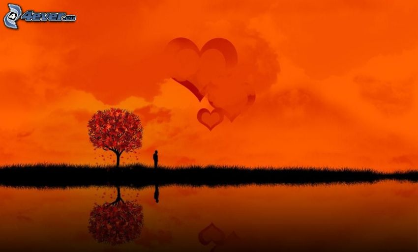 träd, silhuett av man, hjärtan, orange solnedgång, sjö, spegling