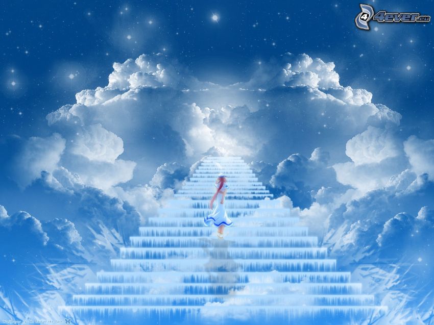 trappa till himlen, tecknad flicka, moln, stjärnor