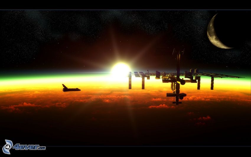 Internationella rymdstationen ISS, soluppgång, Månen, raket
