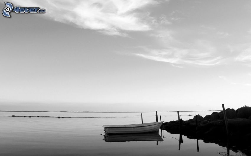 båt vid stranden, hav, brygga, svartvitt foto