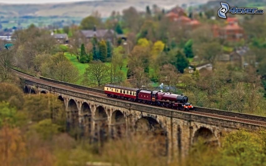 tåg, järnvägsbro, diorama