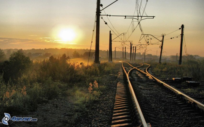 järnväg, solnedgång