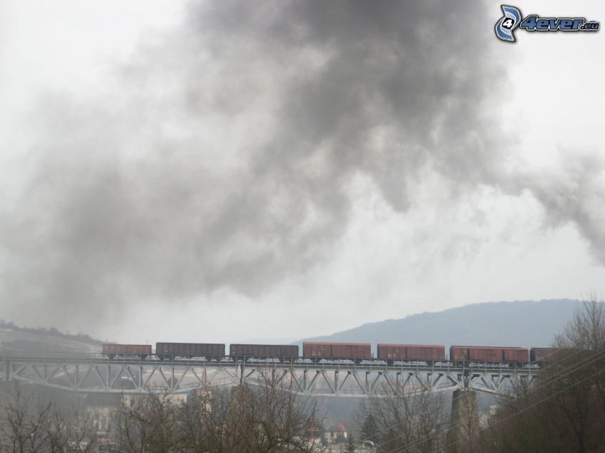 tåg, rök, järnvägsbro